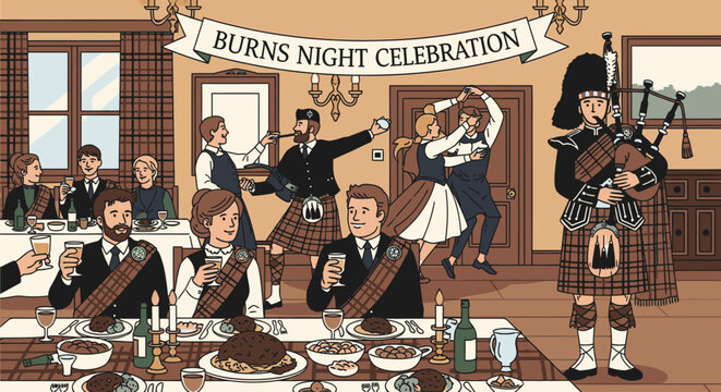Illustration of people in traditional Scottish attire celebrating Burns Night with a bagpiper, dancers, and a feast in a rustic room with a banner.
