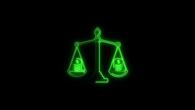 Neon Balance Scale with Dollar Coins Animation, Financial Balance, Investment and Economic Equality Concept