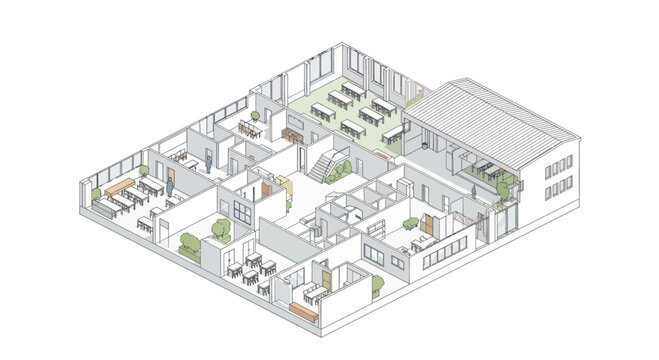 Isometric architectural drawing of a modern office space with furniture and plants.