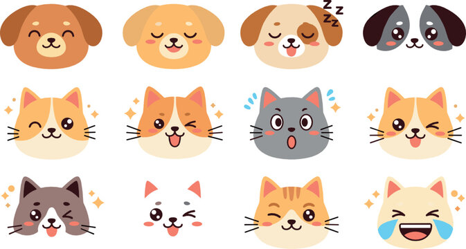 Cute cartoon dog and cat faces with different emotions adorable pet emoji style vector illustration set