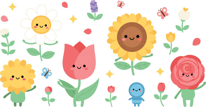 Cute cartoon flower characters collection with smiling sunflower tulip rose and garden plants playful spring vector illustration set