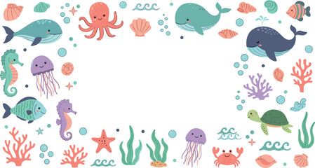 Cute cartoon sea animals collection with whale octopus turtle jellyfish seahorse fish and coral reef vector illustration set © Yevhenii creative