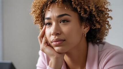 Obraz premium Gen Z leader concept. Young woman with curly hair resting her face on her hand, looking thoughtful