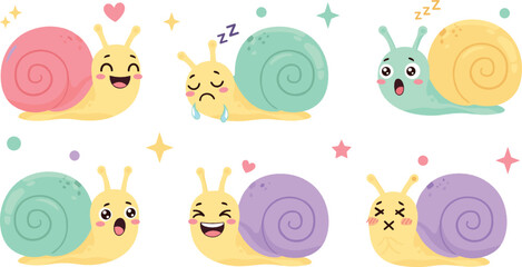 Cute cartoon snails with colorful shells funny garden mollusk characters kawaii style adorable vector illustration set © Yevhenii creative