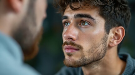 Fototapeta premium Gen Z leader concept. Young man with focused expression listening intently to another person