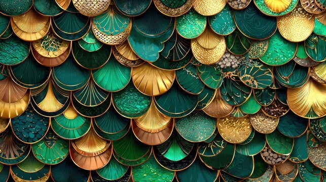 Abstract illustration of layered green and gold scale like pattern design