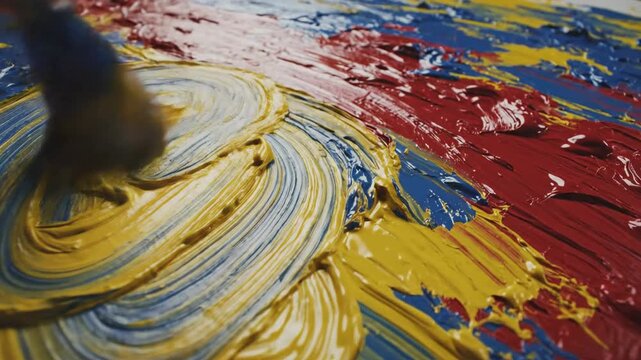 Artist's Brush Blending Bold Colors in Abstract Paint Creation
