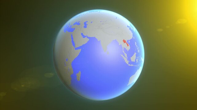 The animation shows a graphic representation of the earth and highlights the location and map of Laos colored red.