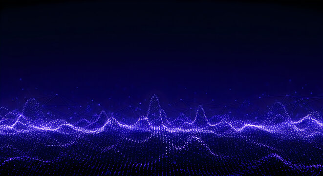 Purple waveform pattern on a dark background with glowing purple lines and dots creating a sense of digital noise or audio visualization