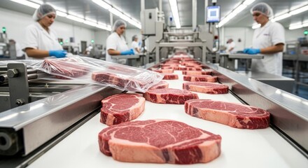 Several workers in white uniforms and hairnets operate a meat processing line. They wear blue gloves and carefully handle raw beef steaks on a moving conveyor belt.