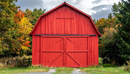 Naklejka premium An old weathered red wooden barn stands as a rustic agricultural structure amidst a green rural field under a vast countryside sky