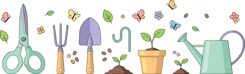 Cute gardening tools collection with scissors rake shovel watering can and plant pots spring garden vector illustration set © Yevhenii creative