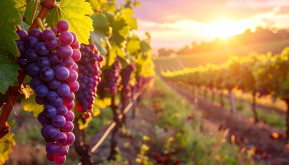 Naklejka premium A cluster of ripe purple grapes hangs from a leafy vine in a sun-drenched vineyard during the autumn harvest at a traditional winery