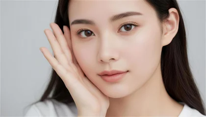 Fototapete Schönheitssalon 片手を頬に添えて見つめる若い女性のポートレート 美容  © Yka