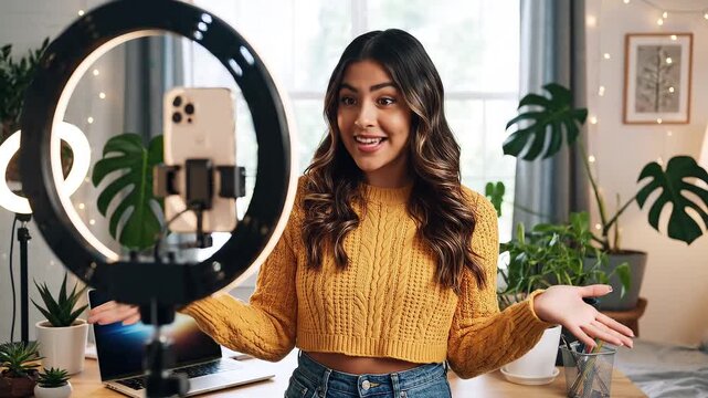 Smiling female content creator recording video with smartphone and ring light in modern home studio social media influencer vlog streaming and digital marketing lifestyle concept