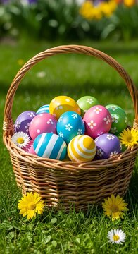 Colorful Easter eggs in basket outdoors.