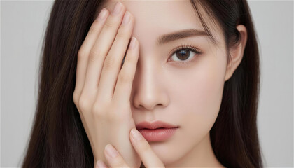 Fototapeta premium 手で顔の半分を隠す若い女性のポートレート スキンケア