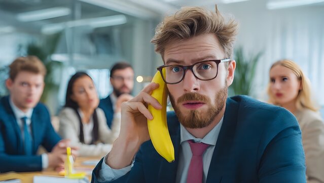 Man Using Banana as Telephone During Business Meeting &ndash; Funny Office Humor Concept