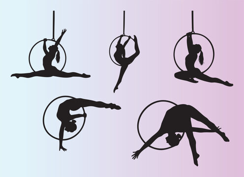 Artistic silhouettes of aerial hoop gymnastics poses isolated