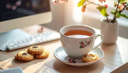 Fototapeta premium Cup of tea and cookies on desk with computer & window, sunlight, relaxation concept
