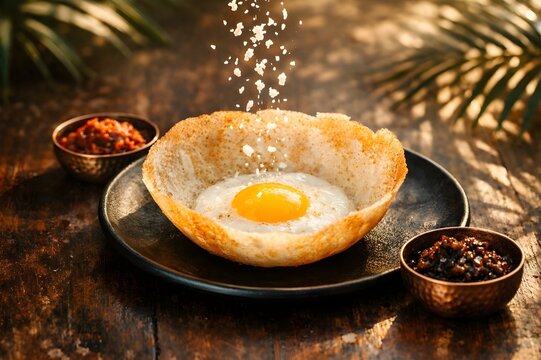 Crispy Sri Lankan egg hopper breakfast on sunny wooden table