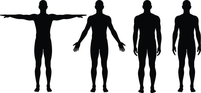 Set of male body silhouettes in anatomical poses, athletic men standing with arms outstretched in front and back view isolated