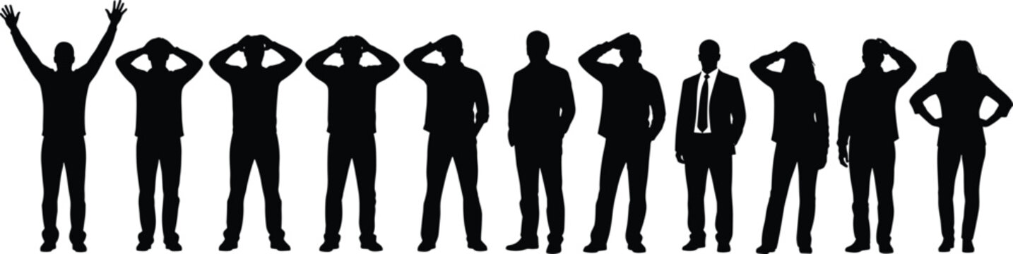 Set of people silhouettes expressing different emotions and gestures, diverse men and women standing in expressive poses isolated on white