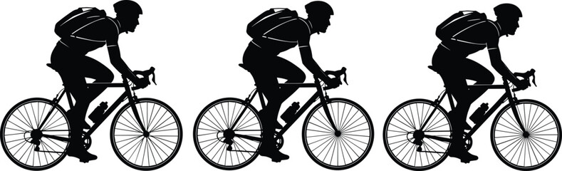 Fototapeta premium Set of professional male cyclist silhouettes riding road bikes with helmets and backpacks in a racing position for fitness and sports