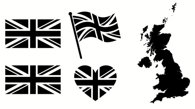 United Kingdom Flags Vector Collection | Union Jack Designs with Map Silhouette | Heart Flag Waving Flag Horizontal Flag | Cultural National Symbol Vector Artwork