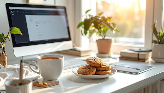 Person's workstation with treats, working, sunny window, productive work environment photo use