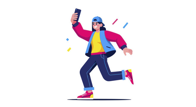 Energetic Young Person Taking a Selfie While Running.