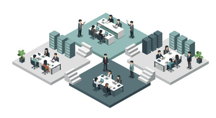 Isometric view of a modern office environment with multiple teams working.