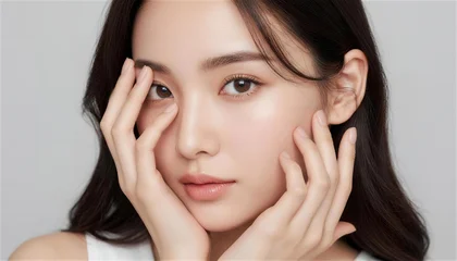 Fototapete Schönheitssalon 両手で顔を包み見つめる若い女性のポートレート スキンケア  © Yka
