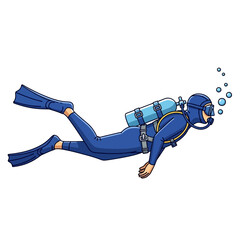 Scuba diver swimming underwater with bubbles, blue wetsuit, oxygen tank, fins