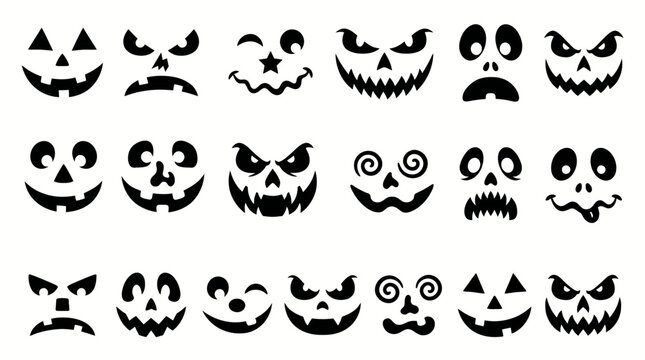 Halloween Pumpkin Faces Vector Collection | 30 Jack‑o&rsquo;‑Lantern Expressions | Spooky Scary Happy Playful Angry Designs | Seasonal Carving Inspiration Vector Artwork | Festive Decoration