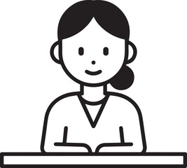 Obraz premium Hand Drawn Woman Sitting at Desk Black and White Avatar Illustration in Minimal Line Art Style Design