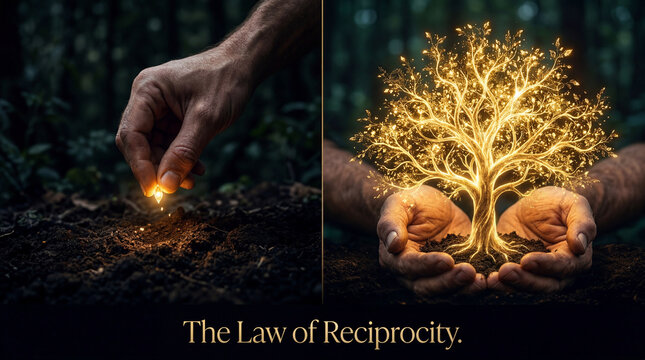 A small glowing seed transforming into a massive golden tree, with a typography quote illustrating the Law of Reciprocity and the power of giving.