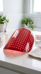 Red light therapy face mask illuminated on a bathroom counter surrounded by cosmetic bottles and dropper serums, highlighting skincare and beauty technology. Image made using Generative AI.