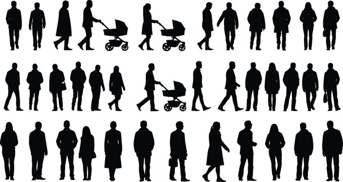 Large Vector Set of People Silhouettes Walking and Standing with Parents Pushing Baby Strollers Isolated on White Background for Urban Lifestyle Design