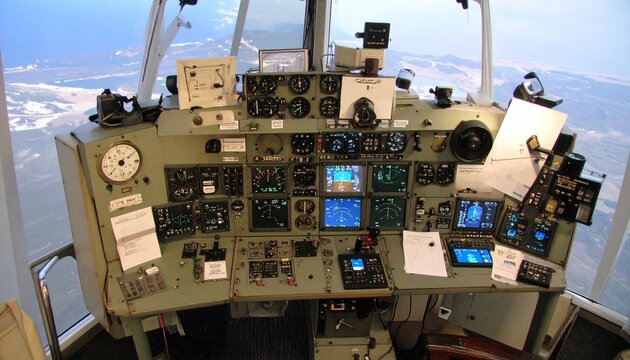 Aircraft Cockpit Control Panel with Instruments.