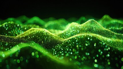 Glowing green particle waves undulate across a dark background with bokeh effects.