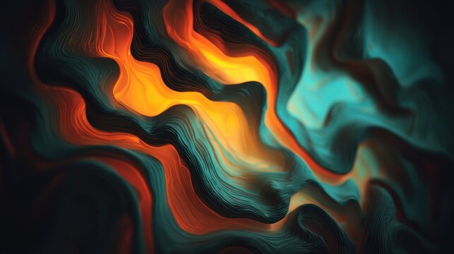 Intense abstract waves of vibrant orange and cool turquoise flow together in a dark composition