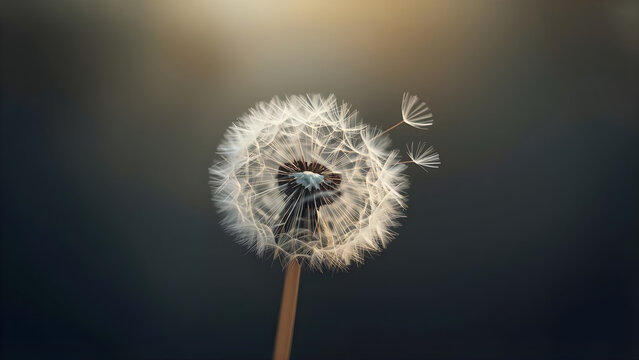 Lonely dandelion with flying seeds in the wind. Symbol of sadness, grief, solitude and fleeting life. Poetic and emotional nature background for loss, mourning and farewell themes