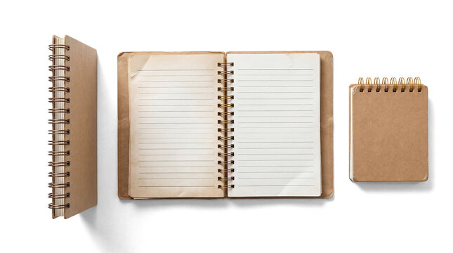 three kraft paper notebooks in different orientations and sizes, one side view, one open, and one closed top view, isolated on a transparent background, creative stationery concept.