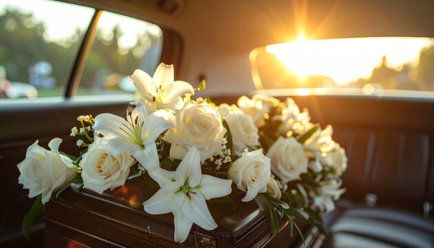 White Flowers in Hearse at Sunset.