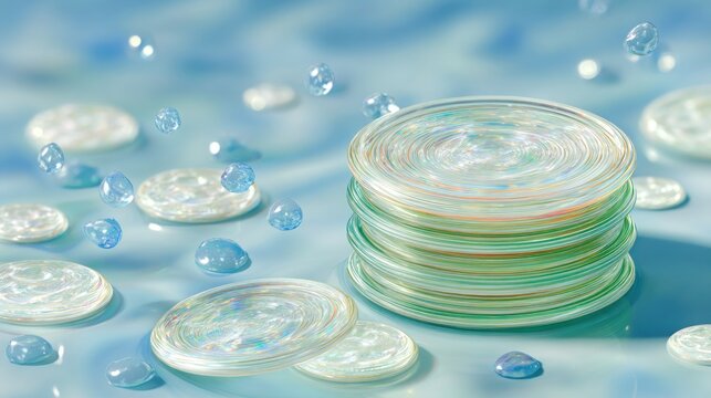 Stack of iridescent, thin circular objects rests among scattered droplets and flat discs on a bright blue surface