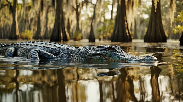 Alligator in Swamp - A large alligator is seen swimming through a murky swamp, its head and back above the water's surface.