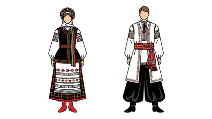 Obraz premium Illustration of a man and woman wearing traditional clothing with intricate designs and patterns on a white background.