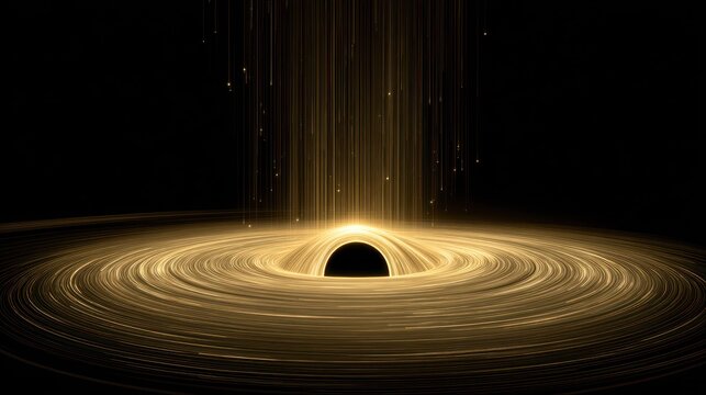 Intense gravitational forces distort glowing matter swirling around a dark central singularity