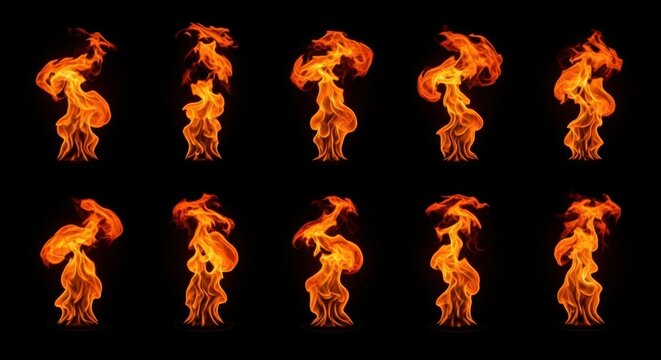 Dynamic flames dancing in various poses against a black background, ideal for creative projects